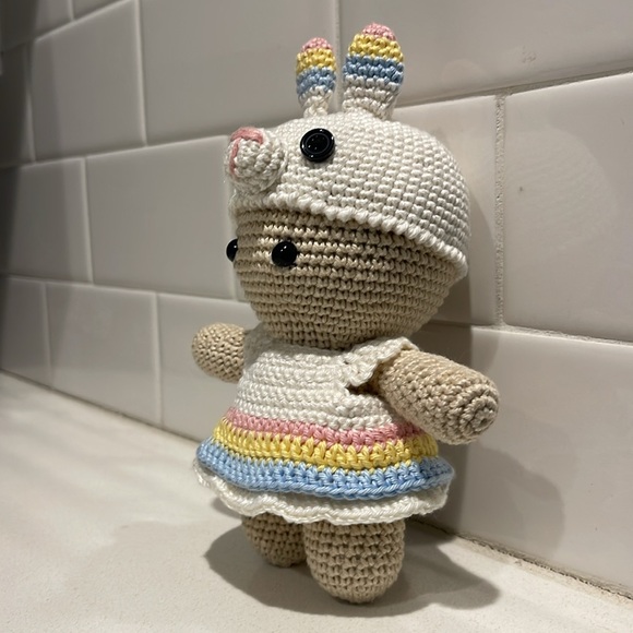 Handcrafted Doll in Bunny Rabbit Dress Easter Holiday Decor Crochet Toy Spring - Picture 4 of 12